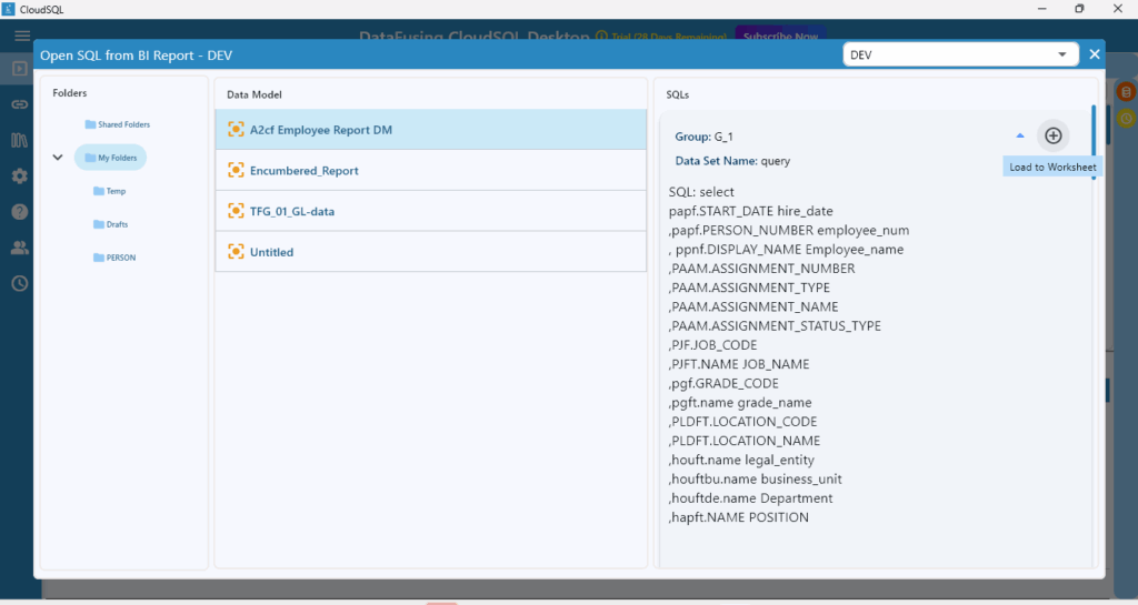 Open SQL From BI Report