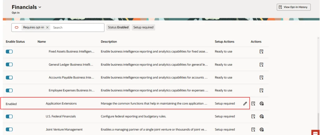 Locate the Application Extensions functional area
