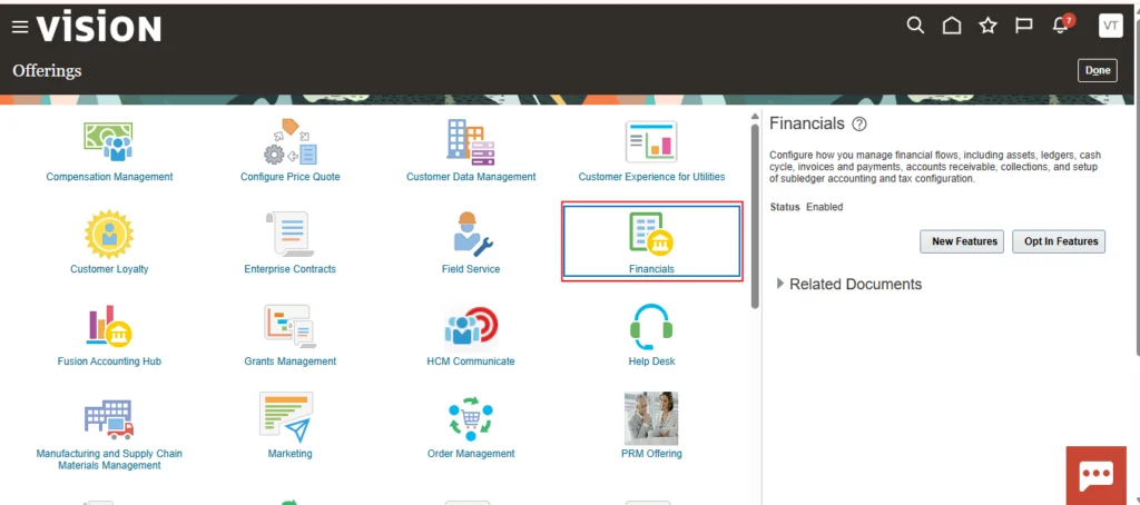 Select the Financials offering