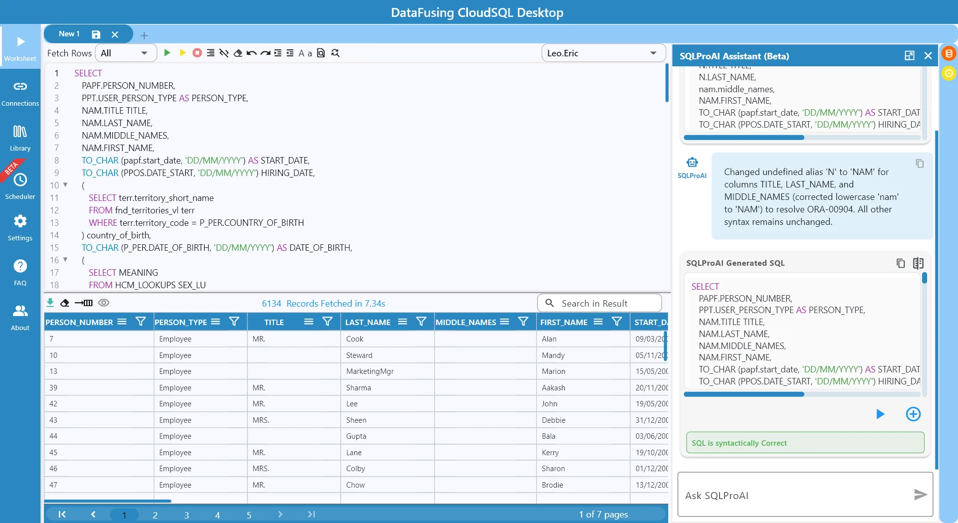 Datafusing CloudSQL Result Grid Populated with AI chat Window