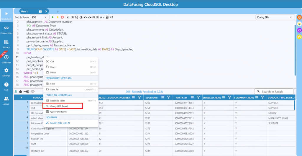 Query (100 Rows) returns a quick sample of the table's columns and data.