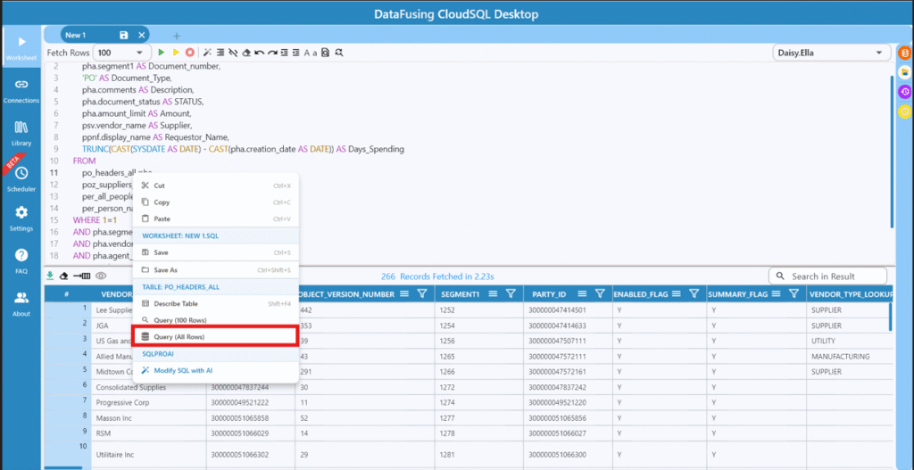 Query (All Rows) pulls the table's complete data set instead of a sample.