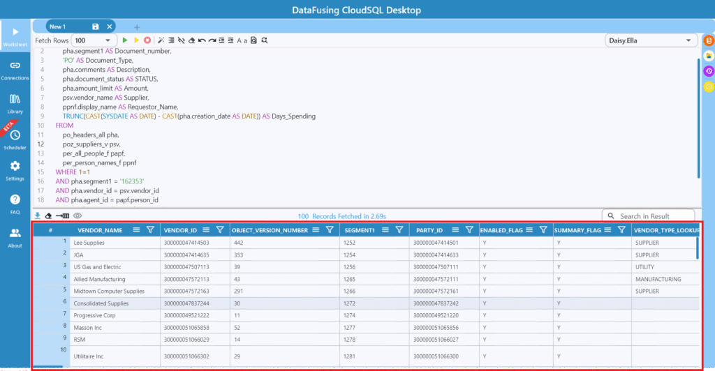 Quick Query results appear in the same results panel, with the column headers and row data for the selected table.