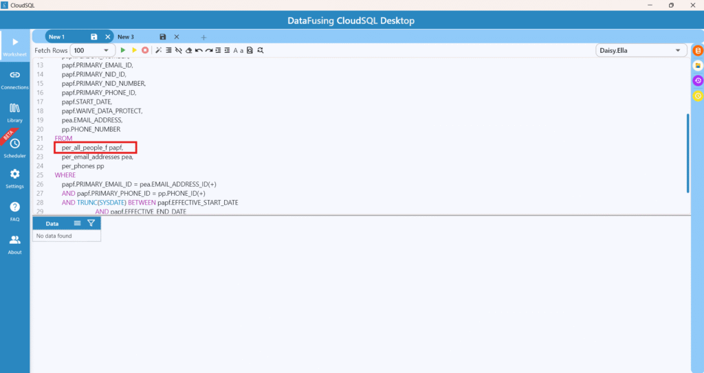 The table name under the FROM clause is where Quick Query starts.