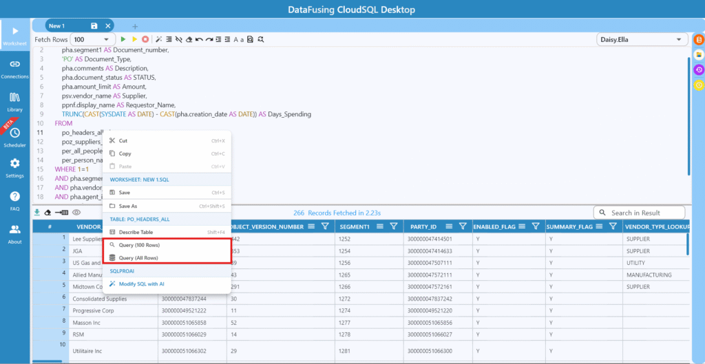 Right-clicking a table name in the FROM clause opens Quick Query options alongside Describe Table.